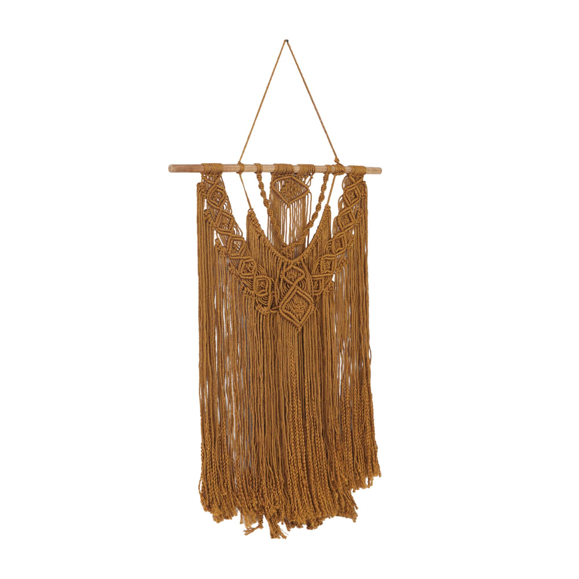 Brown Fabric Handmade Intricately Weaved Macrame Wall Decor with Beaded Fringe Tassels 27" x 1" x 49"